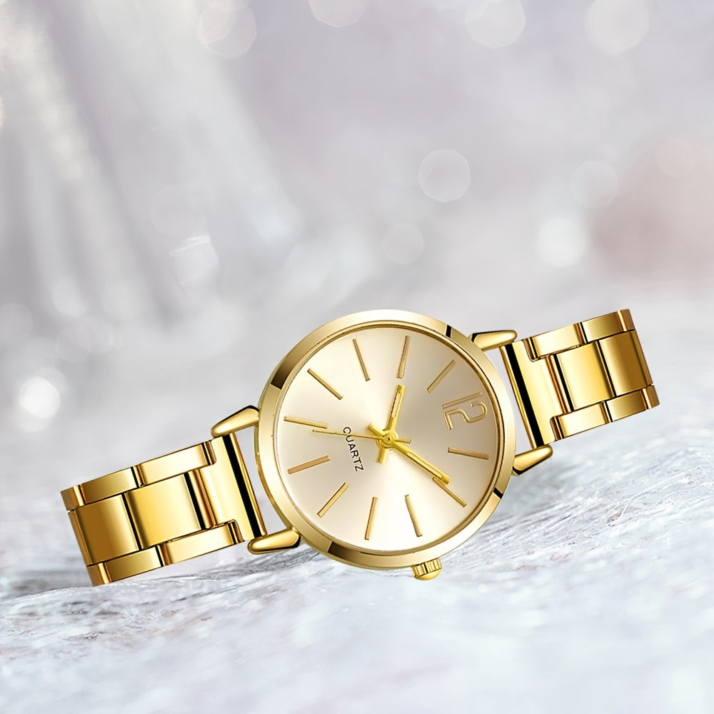 Stylish women's watch and sparkling set with zinc alloy strap and case, quartz movement, and elegant display. Perfect gift for girlfriend on occasions like Valentine's Day, Ramadan