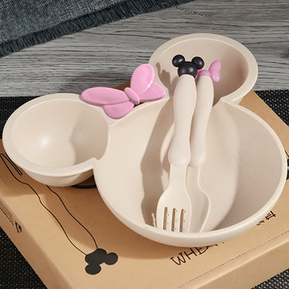 3PCS Cartoon Shaped Training Bowl with Divided Bowl, Snack Plate, and Cutlery Set. Includes 1 Bowl, 1 Spoon, and 1 Fork. Dishwasher safe, non-toxic, BPA free. Ideal for kitchen and tableware.