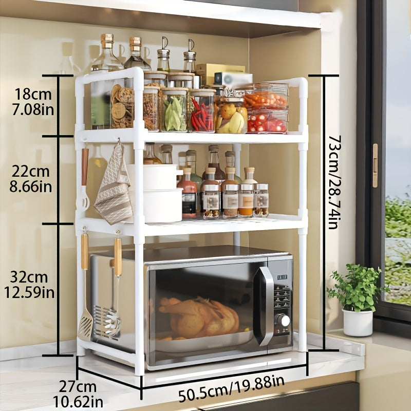 A modern kitchen storage shelf with stainless steel microwave stand and double layer, multi-layer oven rack organizer. Made with metal and plastic materials, this contemporary all-in-one piece is perfect for the dining room and requires no assembly.