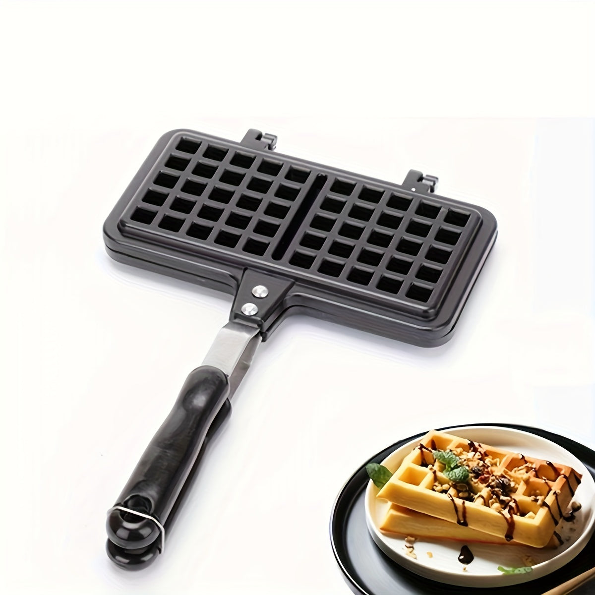 Get ready to make delicious double-sided waffles at home with this durable aluminum alloy waffle maker featuring non-stick plates and a long handle for easy flipping.