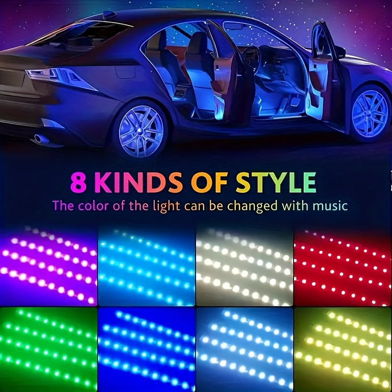 LED car interior lighting kit with music sync, USB-powered, ideal for parties and festivals, fits most vehicles.