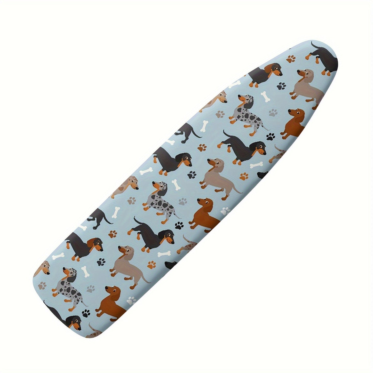 Ironing board dustproof cover with a clear design featuring a dachshund dog pattern. Ideal for replacing old cloth covers on household ironing boards. Perfect for electric iron boards and comes in one piece. Can also serve as a protective accessory for