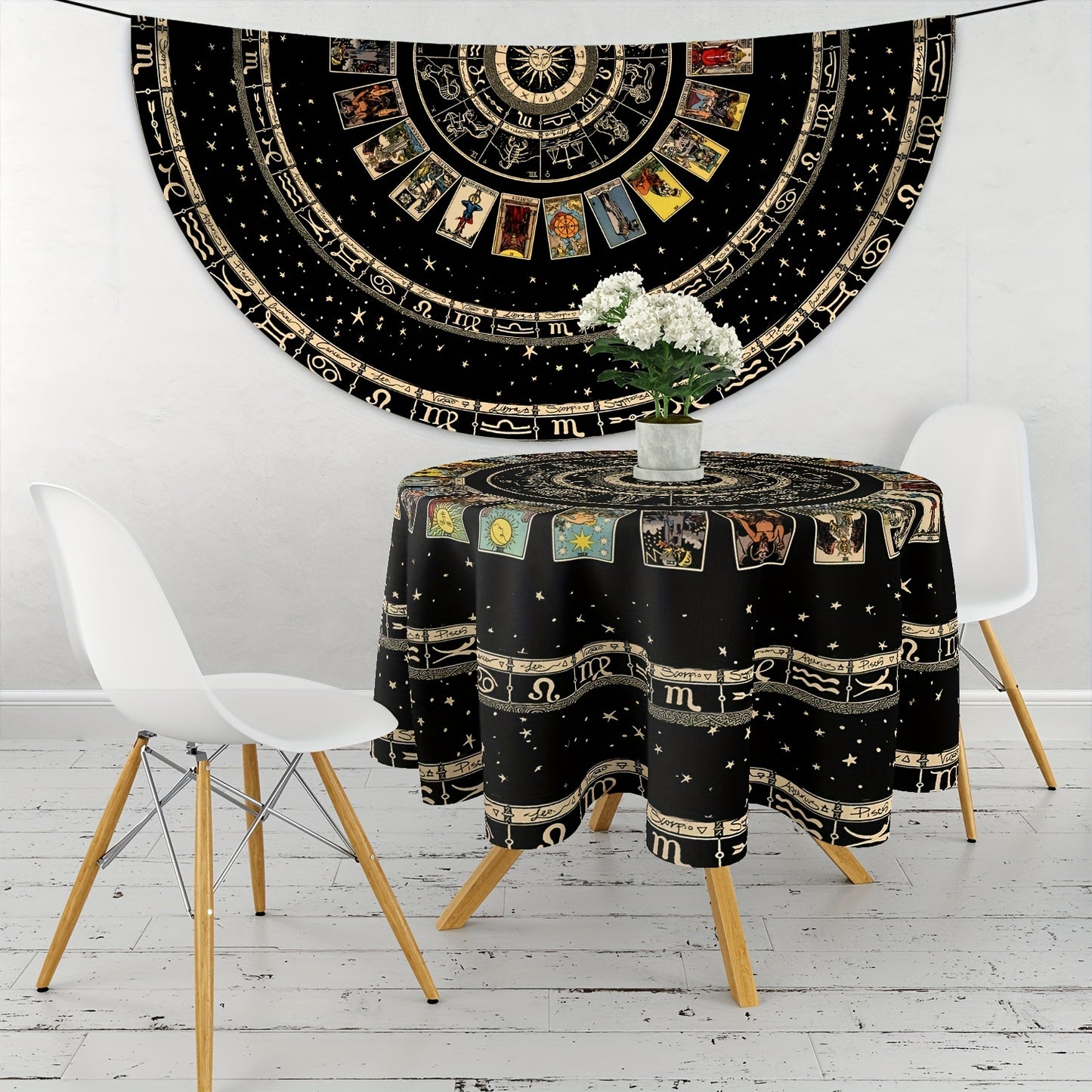 Tarot Round Tablecloth: 63 inch, Boho design with divination pattern. Stain-resistant, absorbent, and wrinkle-free. Ideal for home, kitchen, dining, parties, indoor/outdoor use. Perfect for room and scene decor.