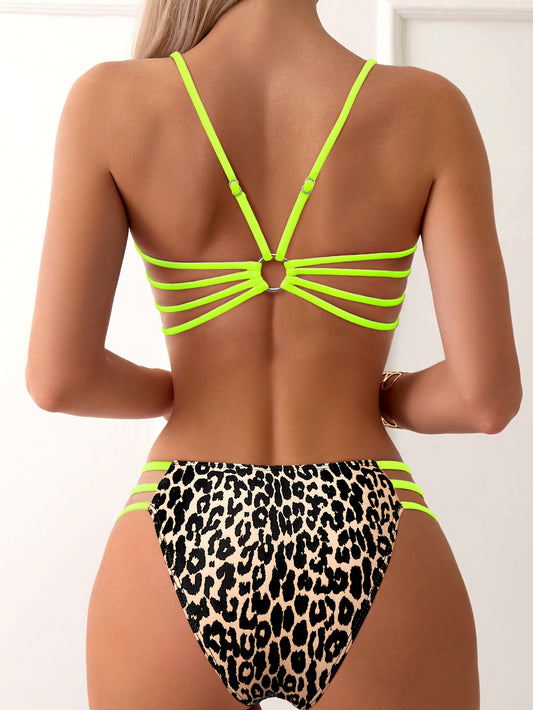 Backless leopard print bikini for women, European style.