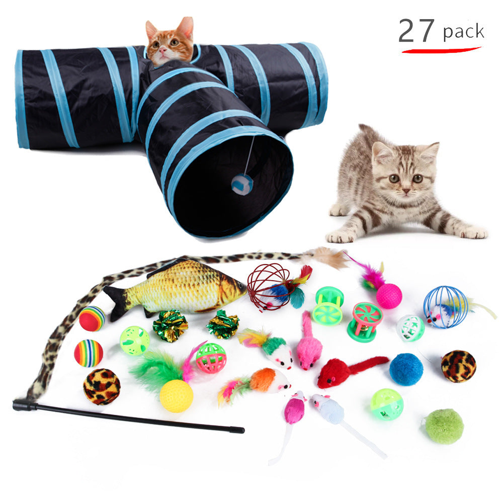 Myuilor Cat Toys Kitten Set includes Interactive Collapsible 3 Way Cat Tunnels and Cat Feather Toy, made of Polyester and does not require batteries.