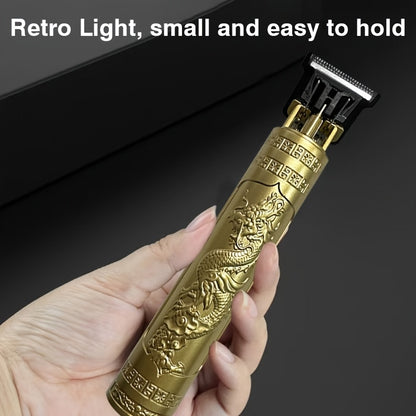 Compact and portable Retro Carved Electric Hair Clipper with USB charging, suitable for travel.