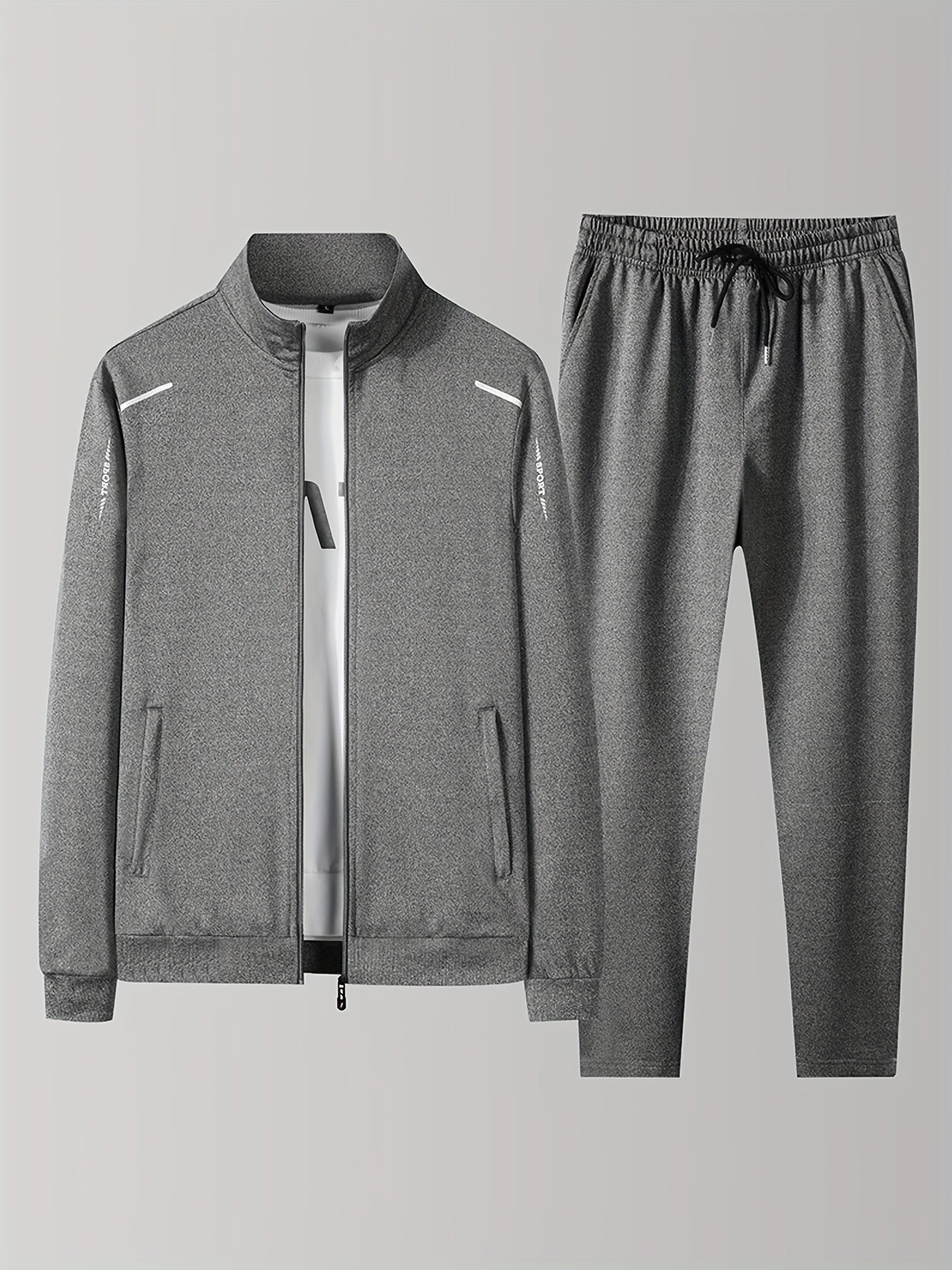 Men's athletic tracksuit set with zip-up jacket and jogging pants for gym workouts and running.