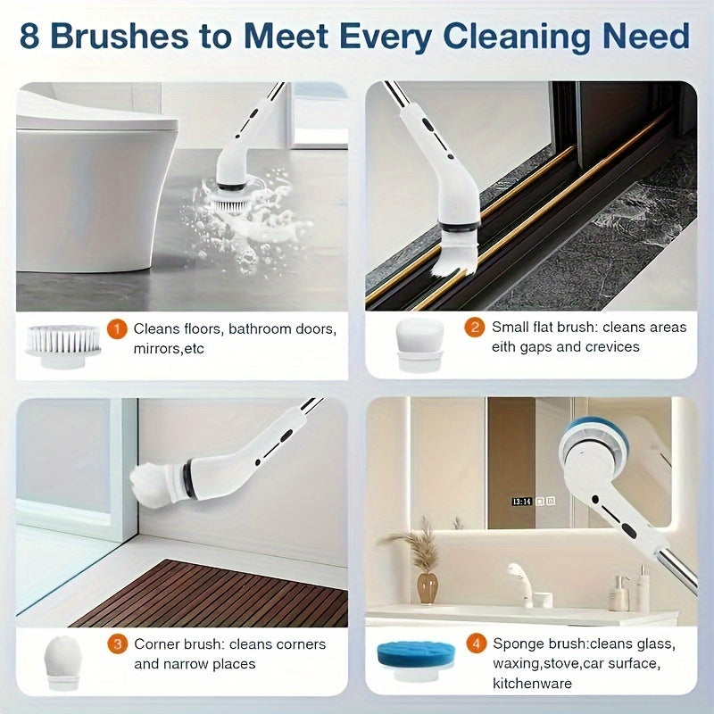 Wireless Electric Rotating Washer with 8 Replaceable Brush Heads, Adjustable Extendable Handle, and 2 Speed Settings. Rechargeable Shower Brush for 360 Degree Cleaning of Bathroom, Bathtub, Tiles, and Floors. Includes USB-C Charging Cable.