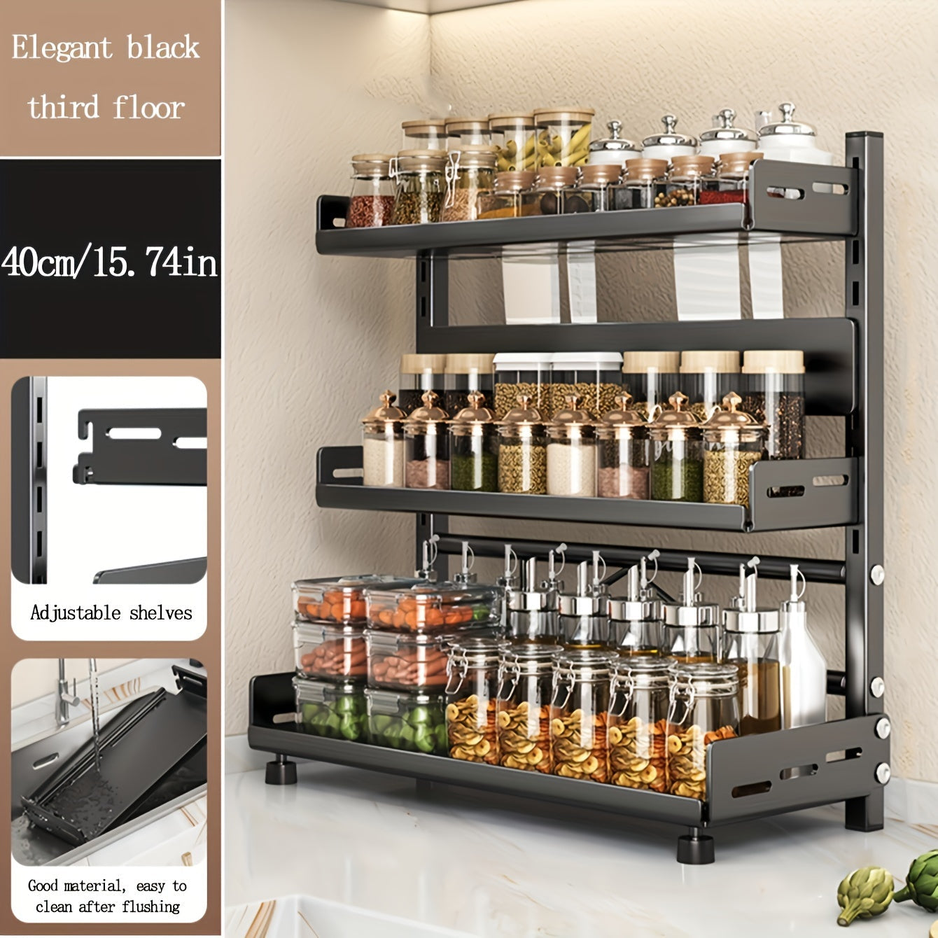 Sleek 3-Level Spice Rack - Stylish Stainless Steel and Plastic Organizer for Kitchen, Home, and Dining Area