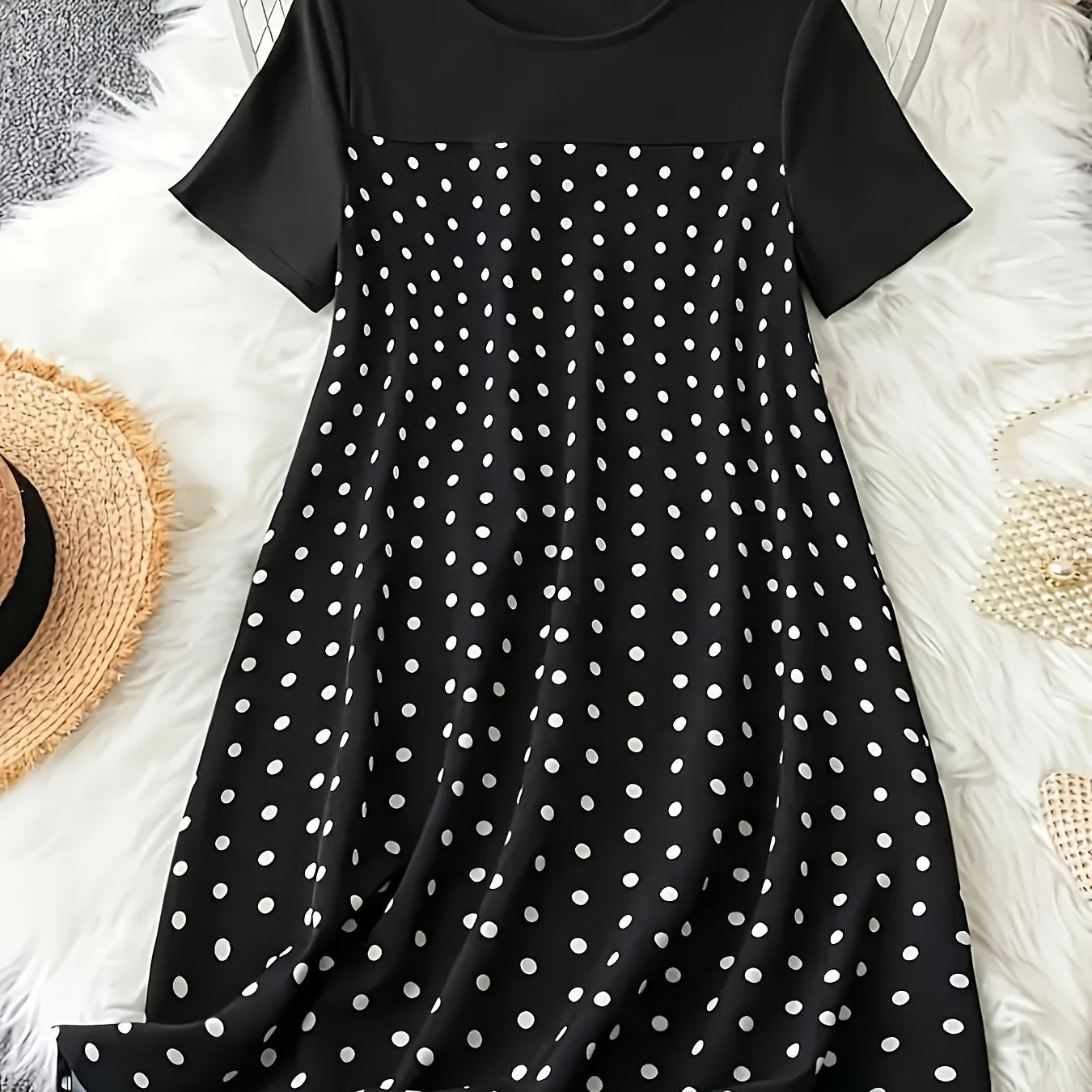 Polka dot print dress for plus size women, perfect for spring and summer casual wear.