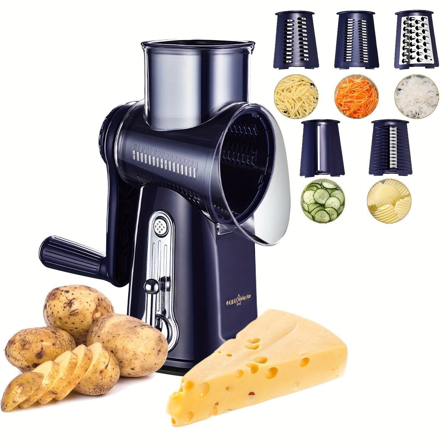 Get 5-in-1 functionality with this versatile kitchen tool - the Rotary Cheese Grater! This handy gadget not only shreds cheese but also works as a vegetable slicer, nuts grinder, and features a strong suction base for stability. The set includes 5