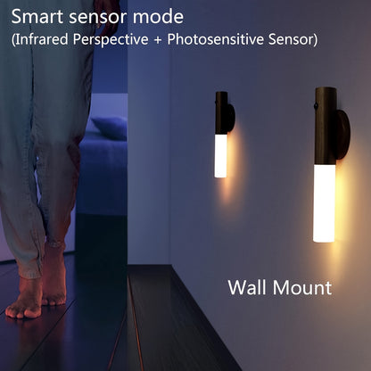 Rechargeable body sensor nightlight with magnetic stick-on wall sconce for indoor use.