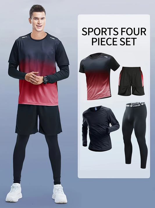 Men's athletic set includes long sleeve tee, shorts, compression pants, and leggings in gradient colors. High-elasticity and breathable fabrics are perfect for running and gym training.