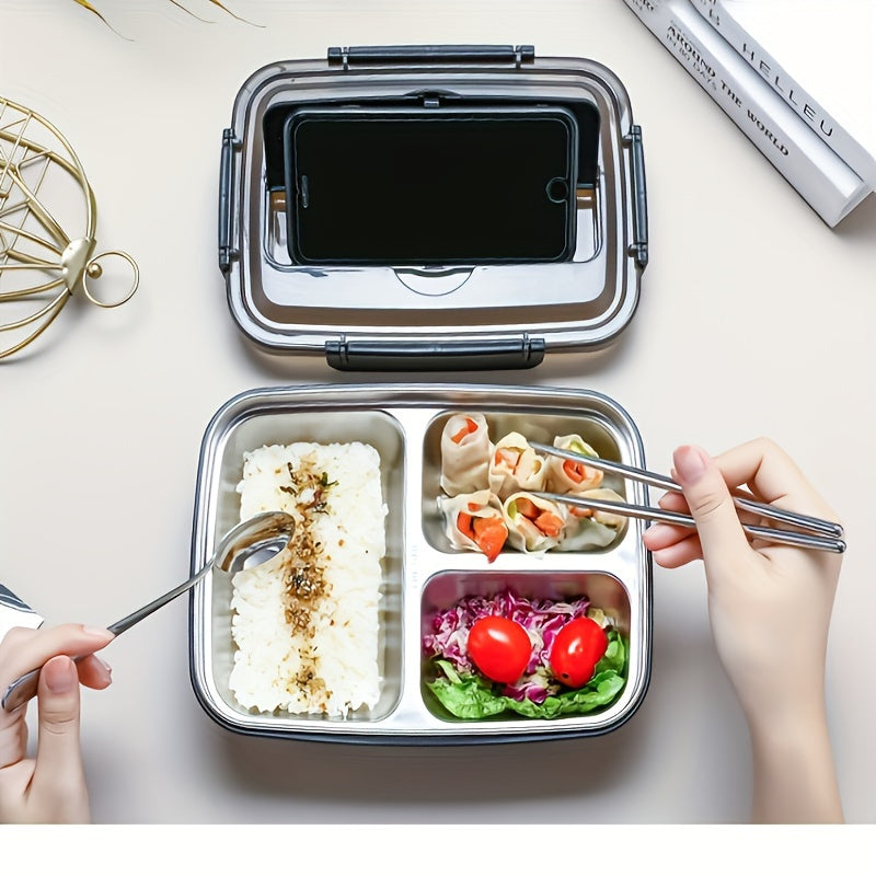 Leak-proof stainless steel lunch box with 3 compartments: ideal for students, office workers, and on-the-go meals.