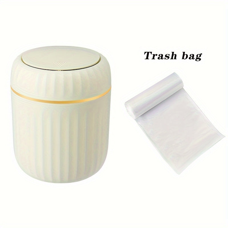 Press-top desktop trash can with durable PP plastic, Roman stripe design and lid for office, living room, and study area. Creative recycling bin.