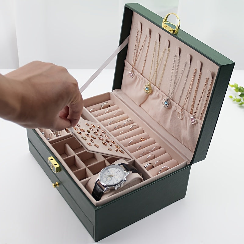 Luxurious faux leather jewelry organizer with lock, spacious drawers for accessories - perfect gift for women and girls.