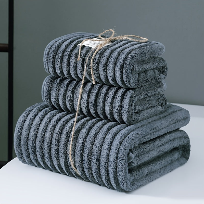 Japanese-style 3-piece coral fleece bath towel set with 350 GSM knit fabric, made of 100% polyester. Includes 1 bath towel and 2 face towels. Ultra absorbent and durable for home, hotel, and outdoor use.