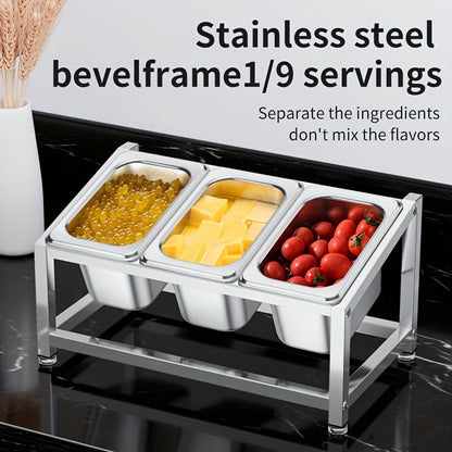 1/9-Compartment Spice Organizer crafted from durable stainless steel - Perfect for organizing spices and seasonings on your countertop. Includes condiment containers for easy storage. Ideal for use in both kitchens and restaurants.