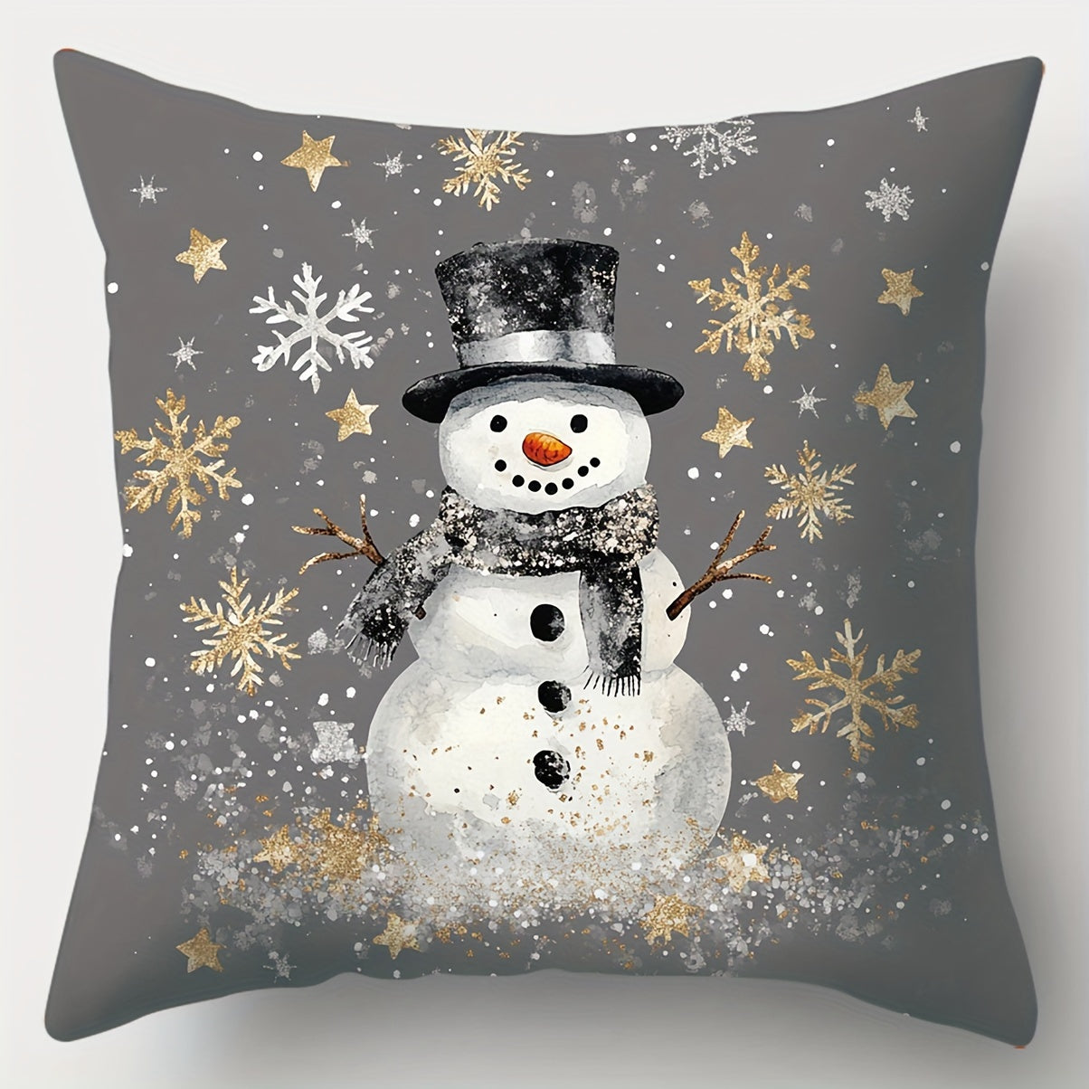 4-Pack Christmas throw pillow covers with festive golden and gray prints featuring snowman, trees, and winter designs. Made of polyester with zipper closure, machine washable. Ideal for living room decor. Woven pillowcases, pillow core not included.