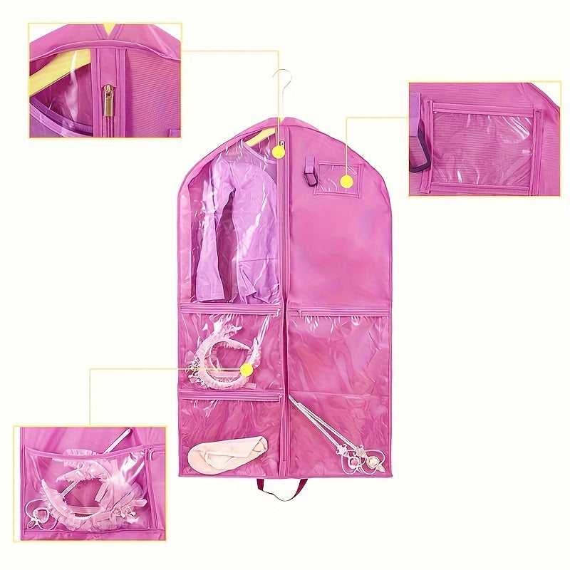 Durable costume dust cover bag with storage pouches, featuring a hanging design for suits and coats. Designed with a window and zipper for easy access, this household organization tool helps save space in the bedroom, bathroom, office, closet, wardrobe