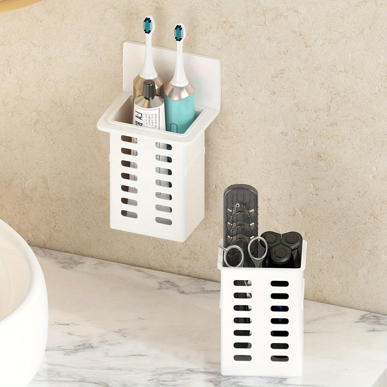 1 wall-mounted toothbrush holder for bathroom storage and organization with multifunctional toothpaste and toothbrush container.