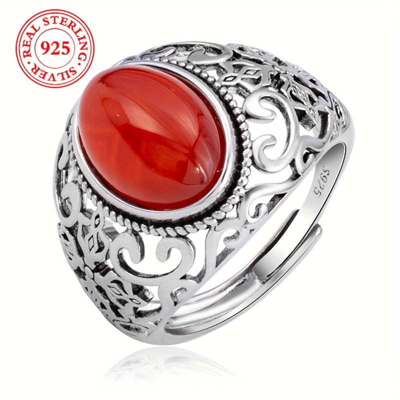 925 Sterling Silver Vintage Punk Style Ring with Adjustable Imitation Jade and Agate Stone, Ideal for Casual Wear or as a Gift