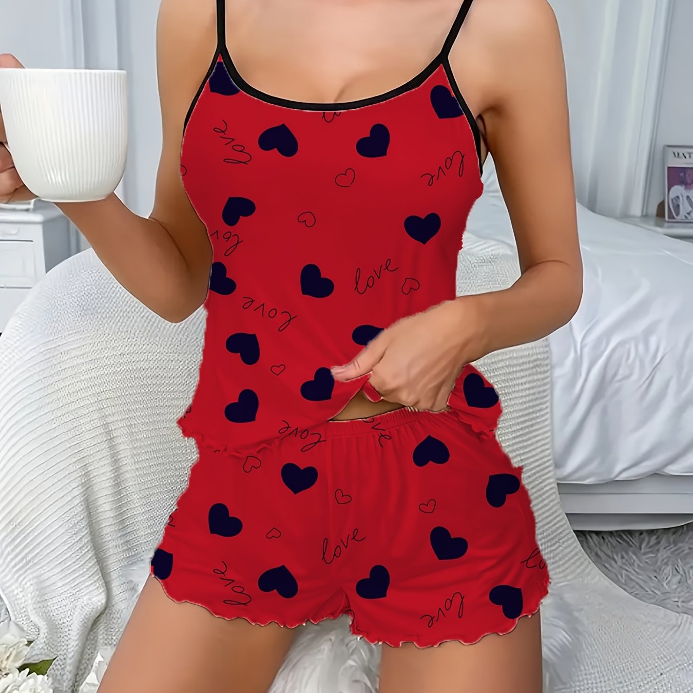 Women's Sleepwear Set with Heart Print, Frill Trim. Includes Backless Cami Top and Elastic Shorts.