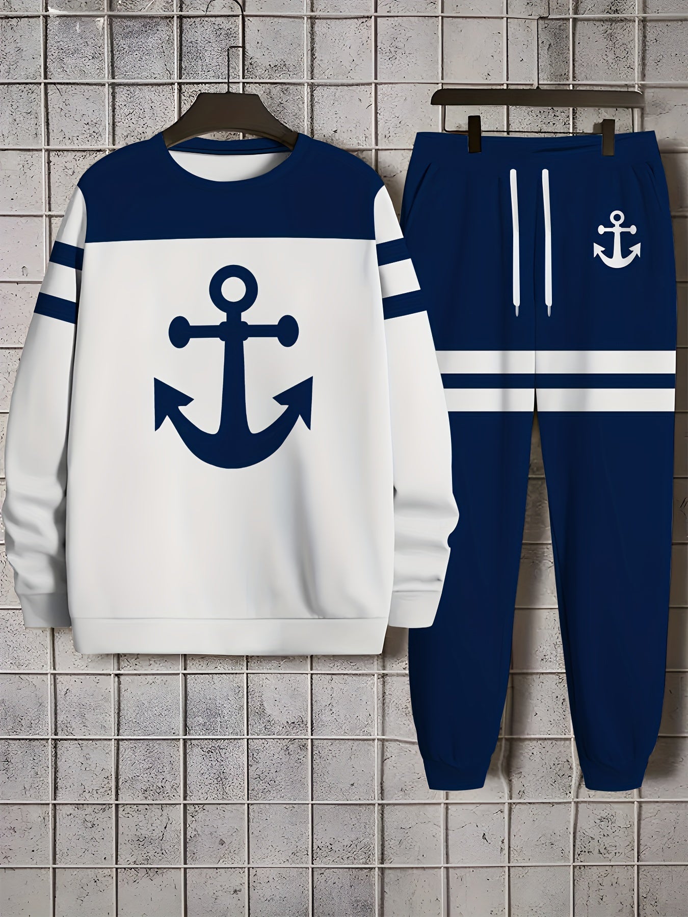 Anchor print sweatshirt and joggers set for men made from a comfortable polyester blend that is machine washable. Casual and comfortable.