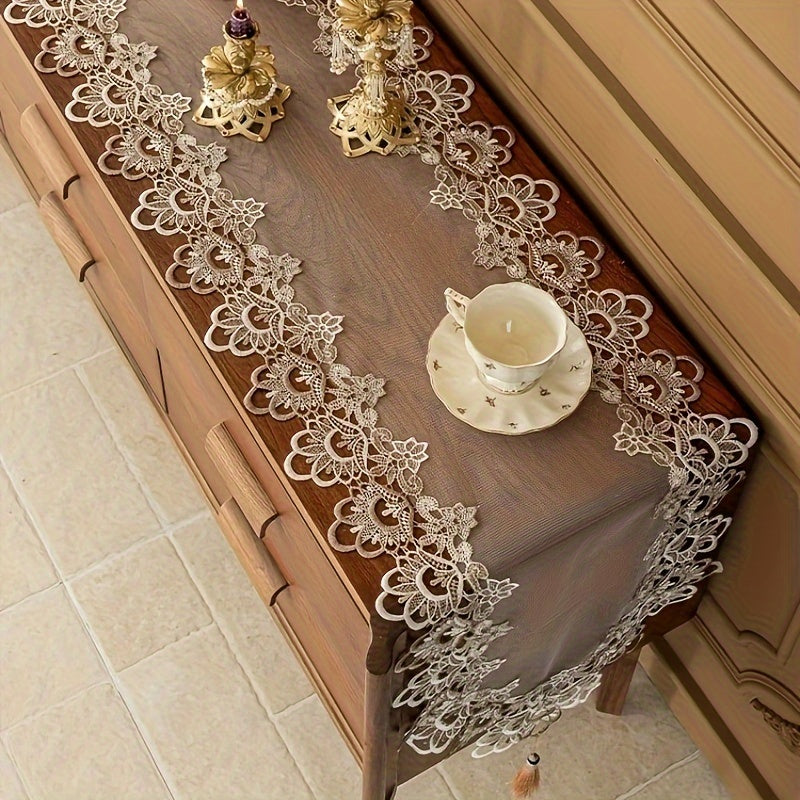 Polyester square table runner with floral lace edging, ideal for dining rooms, coffee tables, parties, and gatherings.