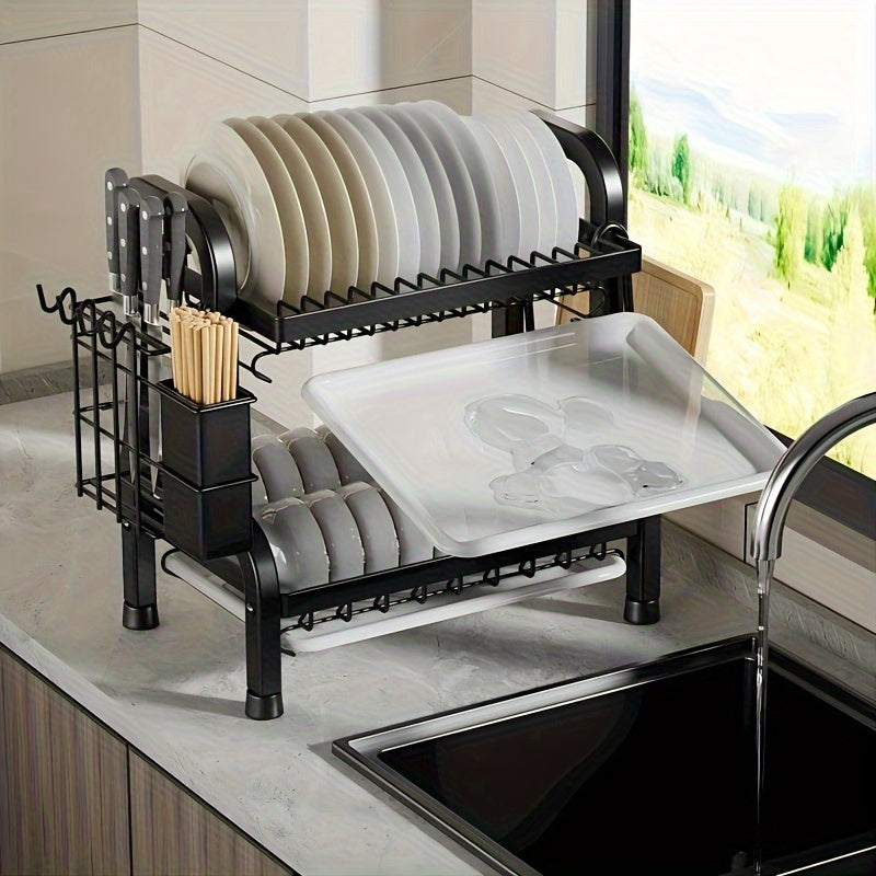 Double-layer kitchen organizer with space-saving design - Versatile dish rack for bowls and plates with drainage feature, made from durable metal materials.