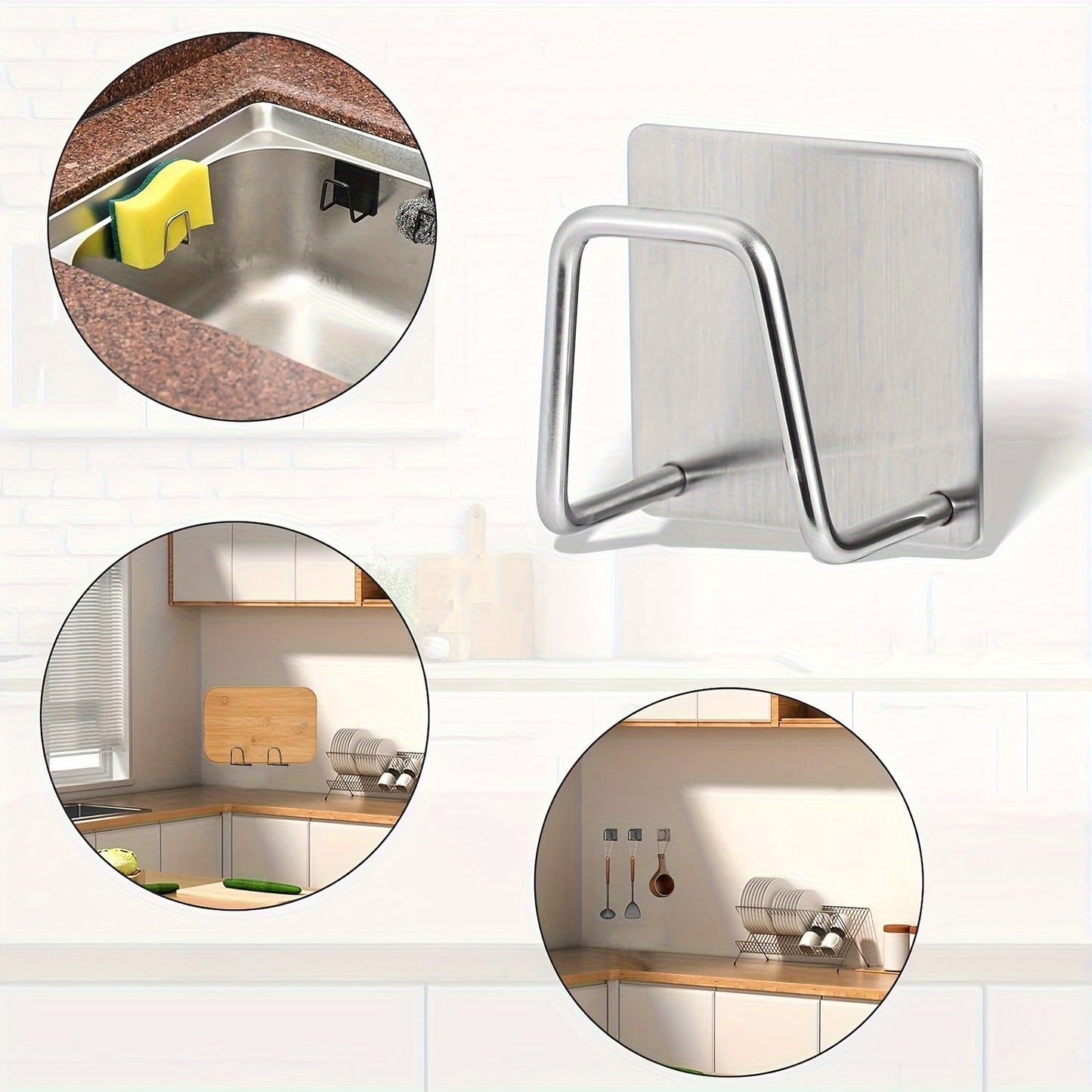 Modern stainless steel sponge holder that can be mounted on the wall in your kitchen sink. Features open storage, waterproof and rust resistant design, and can be easily installed without drilling.