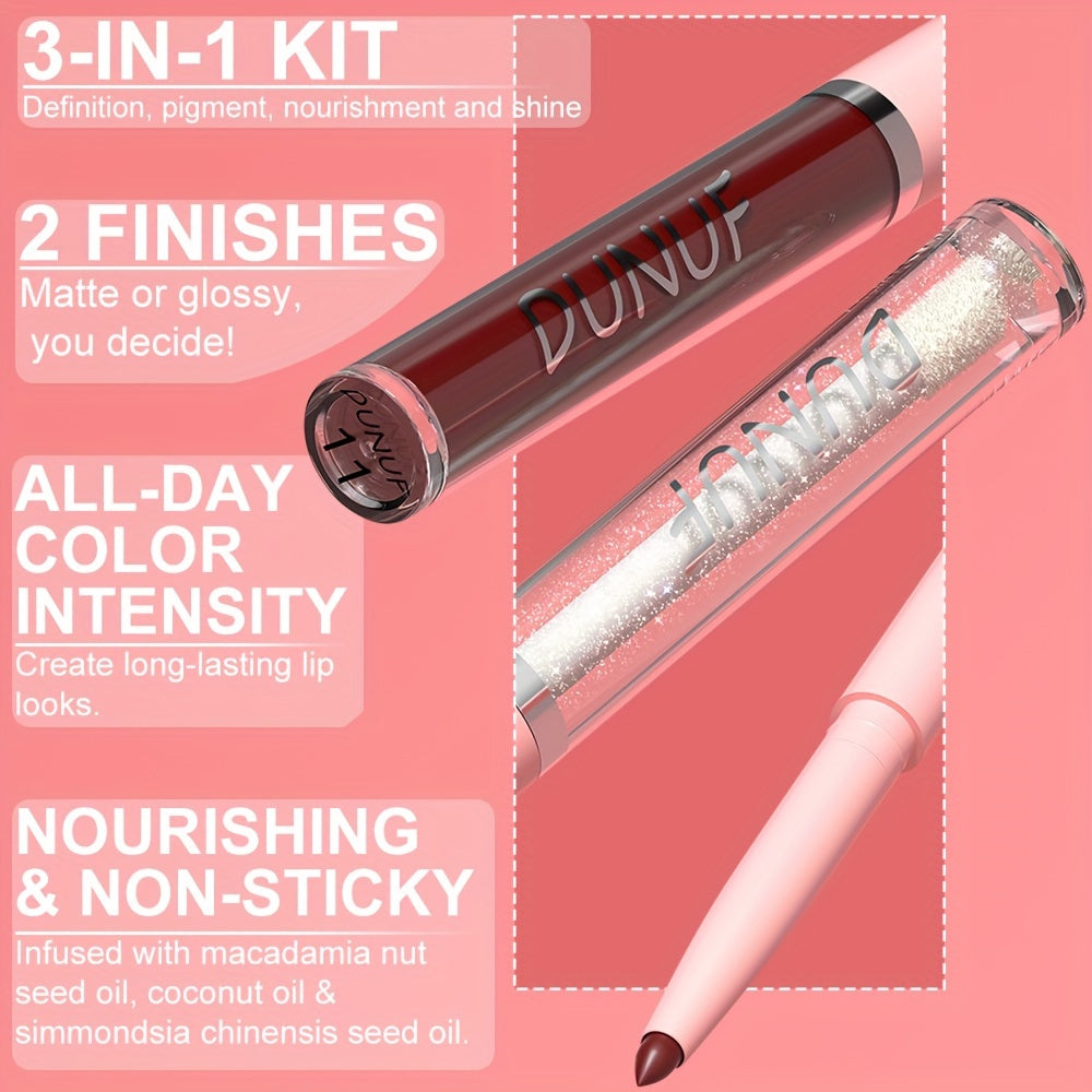 DUNUF 3-in-1 Lip Set includes velvet matte lip gloss, lip liner pencil, and lip oil, suitable for all skin types and waterproof.