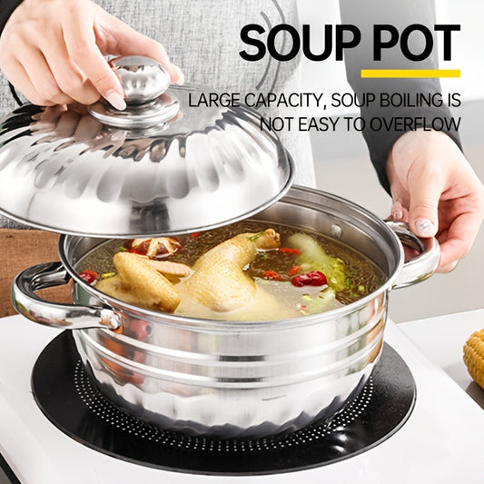 Set of four stainless steel cookware pieces, including kitchen soup pots with a durable floral design. Compatible with induction cooktops, this multi-size gift set is perfect for any kitchen.