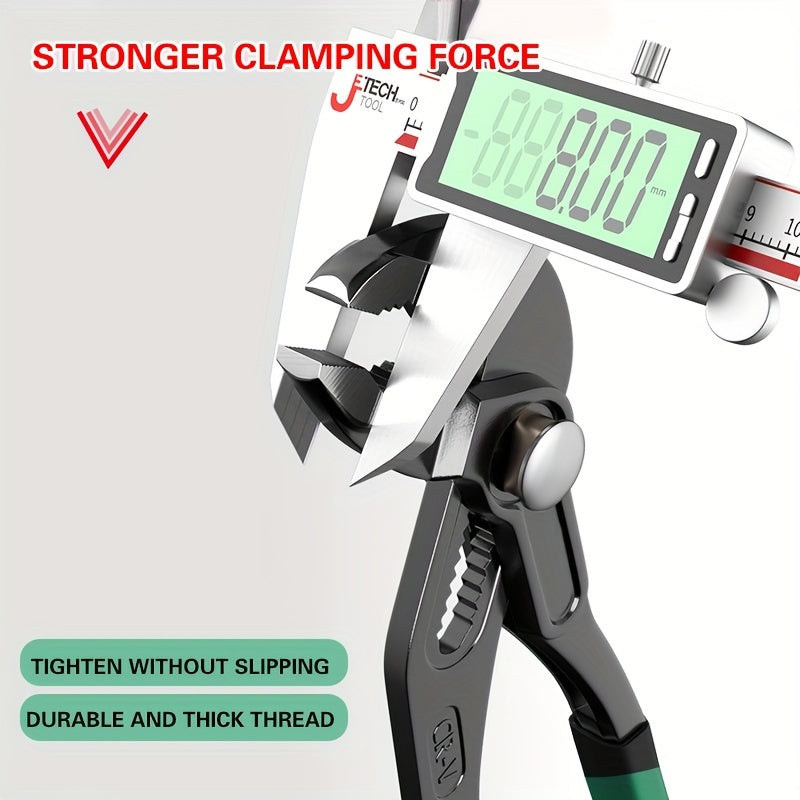 Industrial-grade chrome vanadium steel multi-tool with large opening pliers, wrench, and water tube spanner.