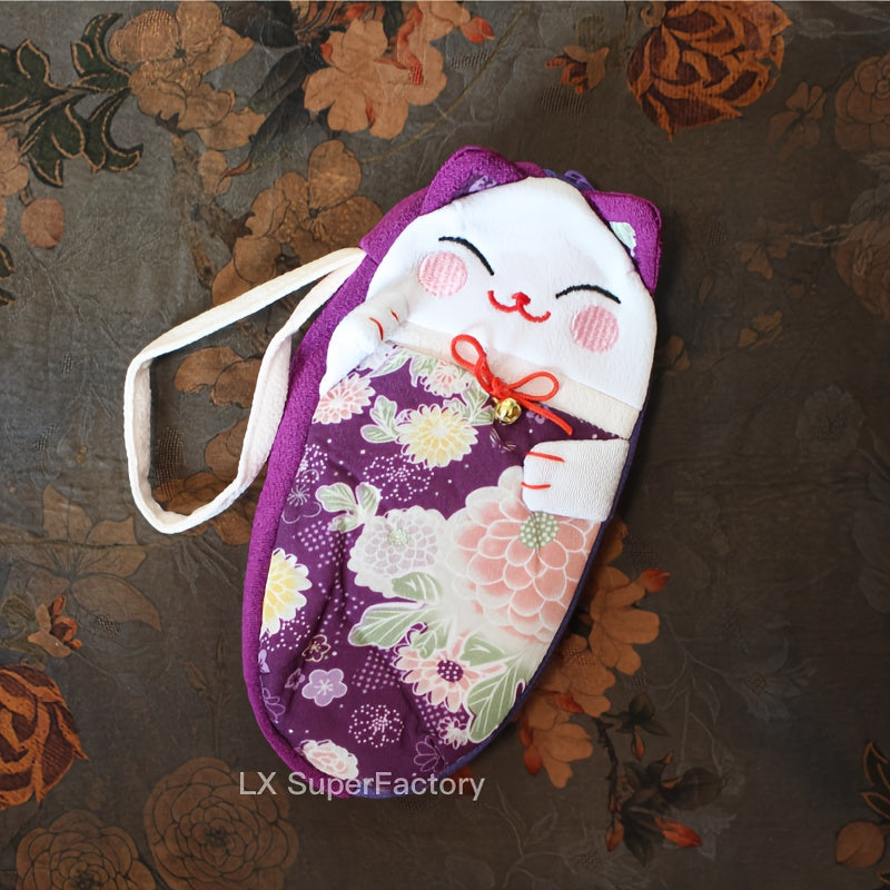 Soft fabric glasses case featuring a lucky cat design, perfect for storing eyewear in a Chinese-inspired knitted style pouch. Lens case included.