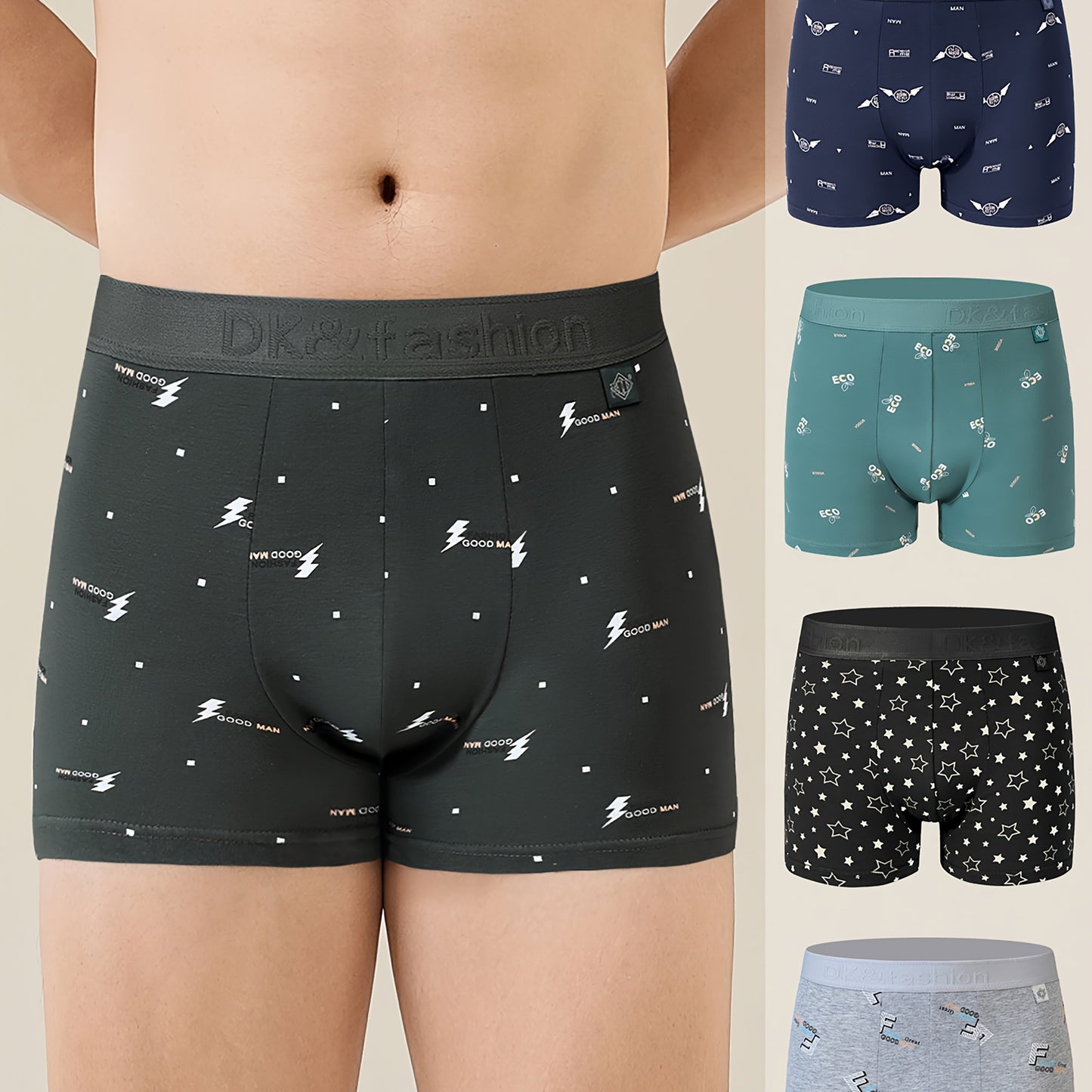 Men's 4-pack geometric boxer shorts made of 95% cotton and 5% spandex with breathable knit fabric and medium stretch. Casual sports underwear weighing 150gsm.