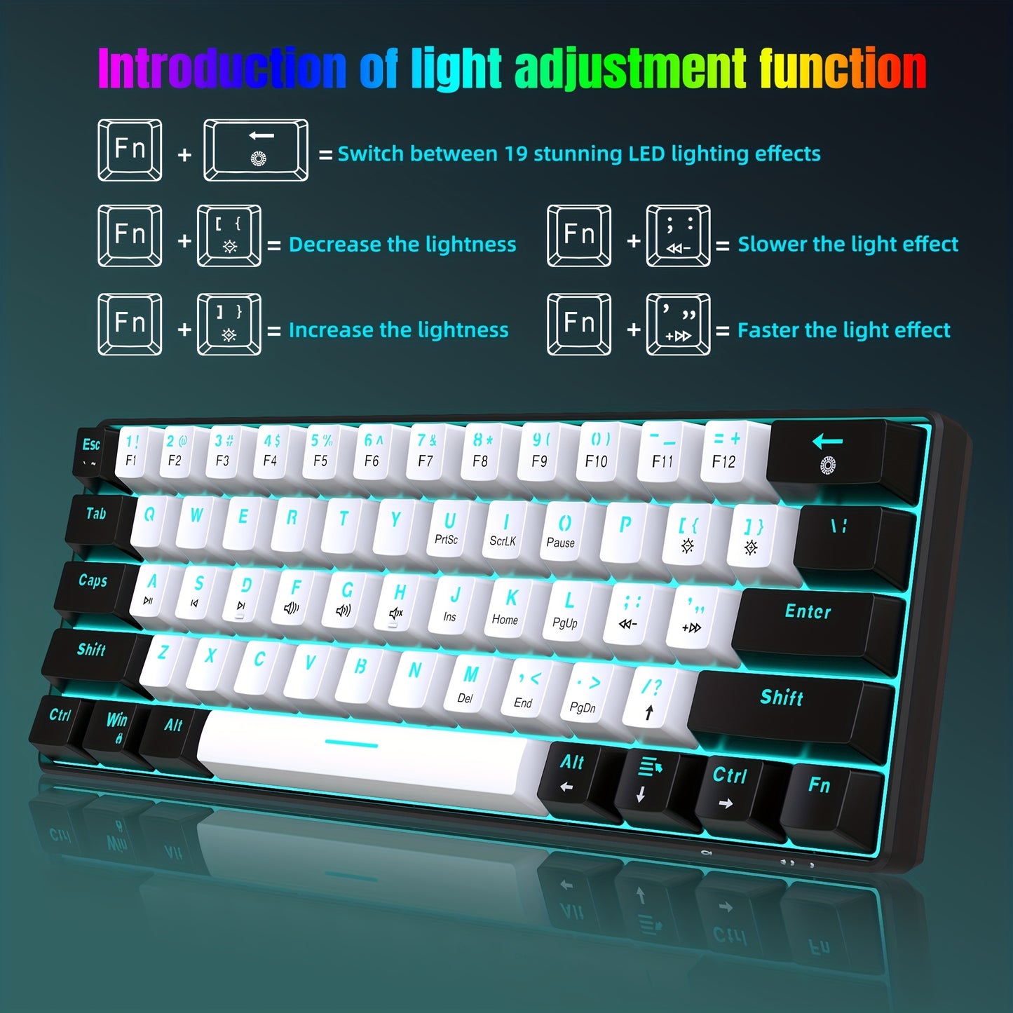 Snpurdiri 60% Mechanical Gaming Keyboard with LED Backlight, Blue and Red Switches, Portable Design