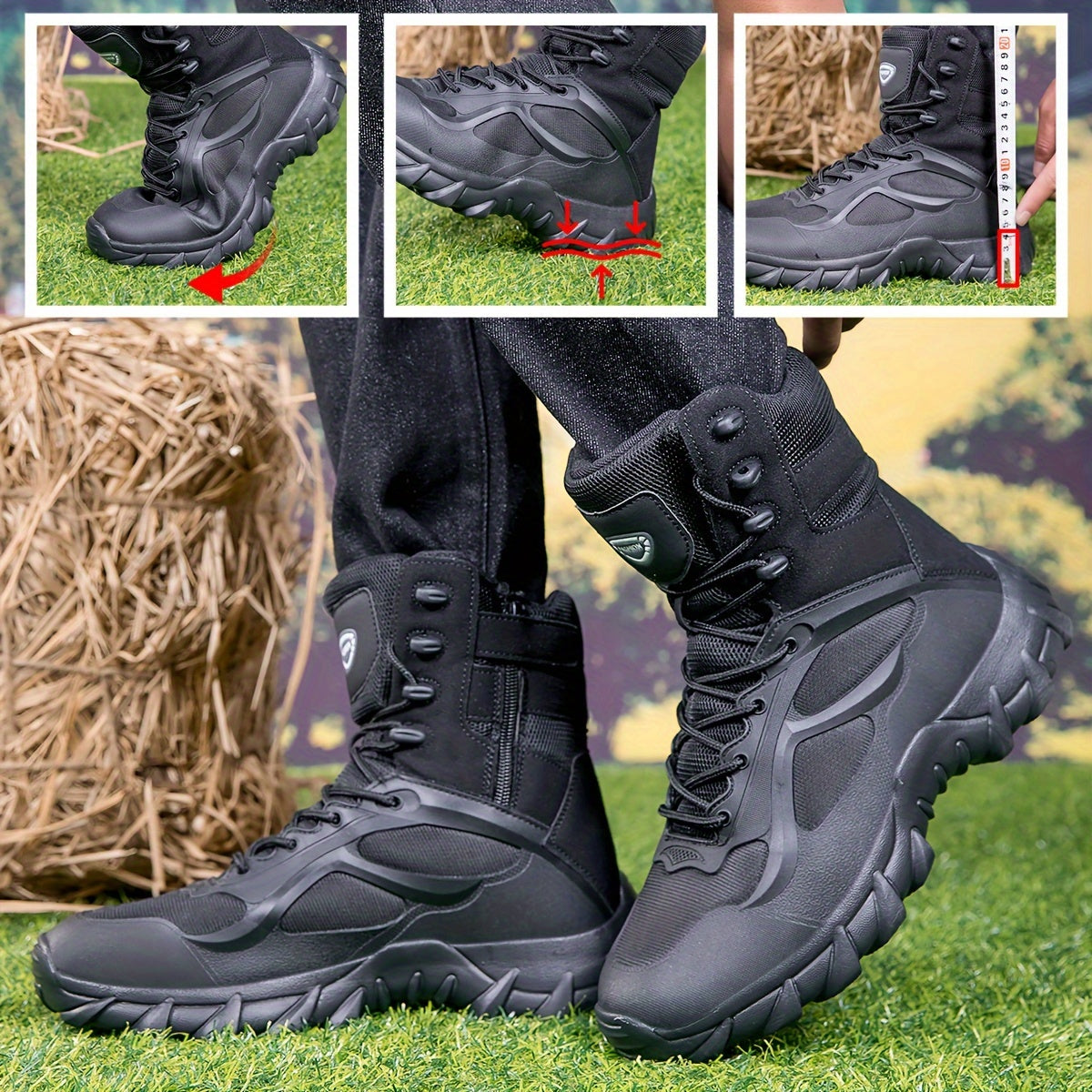 High-top hiking boots for men with durable PU and fabric upper, cushioned EVA insole, and rugged MD sole - perfect for hiking and outdoor activities.