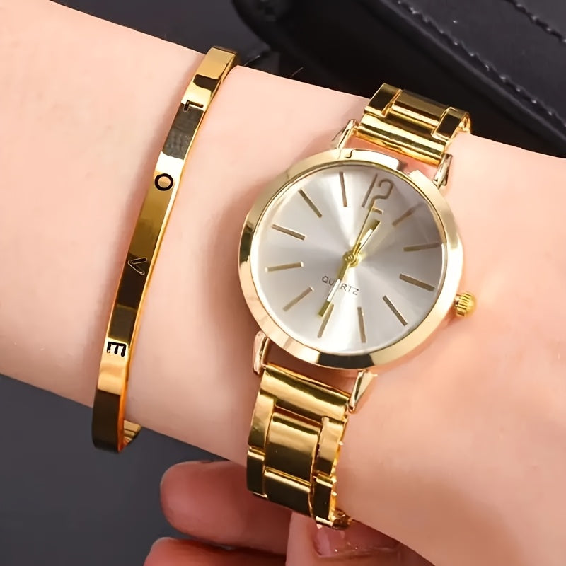 Stylish women's watch and sparkling set with zinc alloy strap and case, quartz movement, and elegant display. Perfect gift for girlfriend on occasions like Valentine's Day, Ramadan