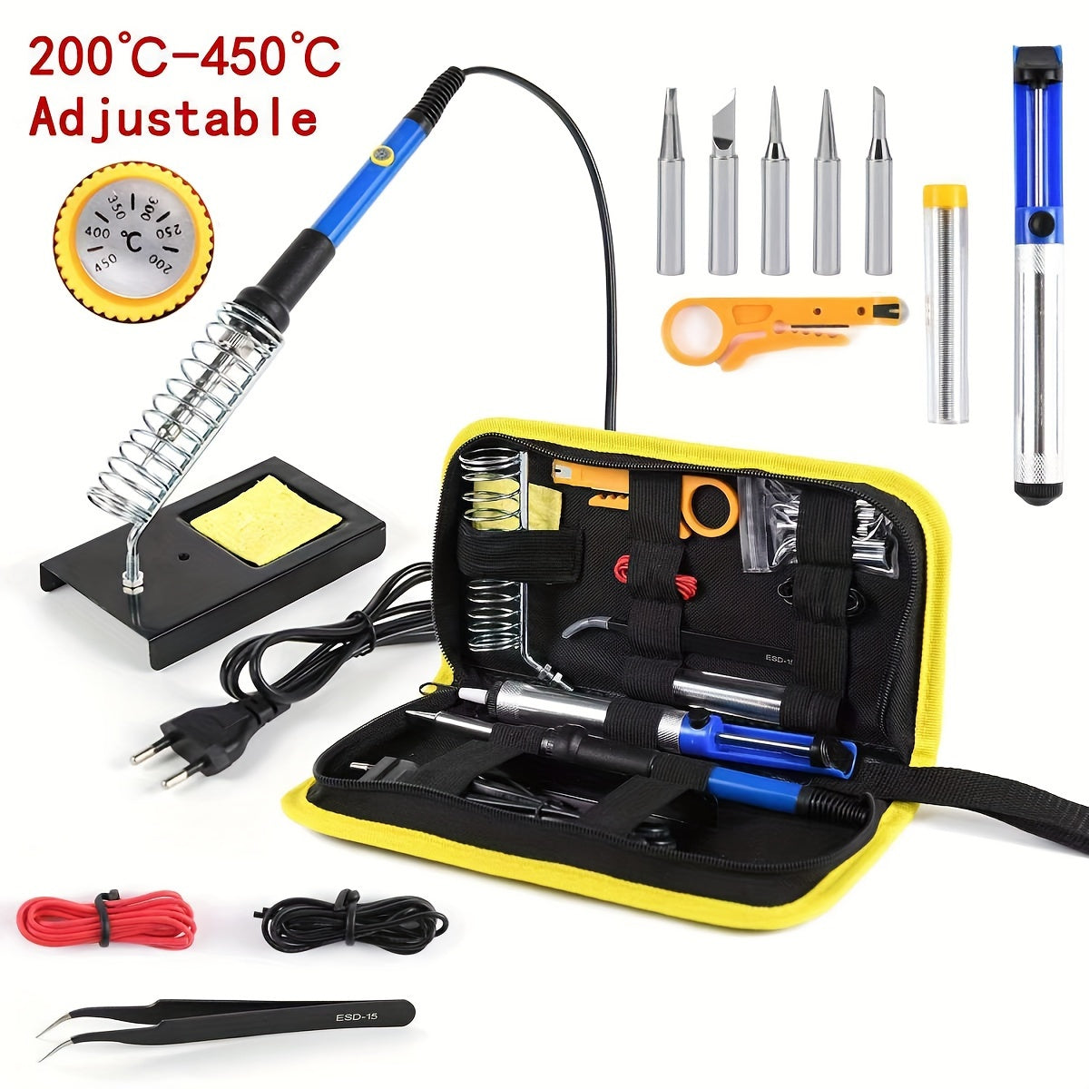 15 piece soldering iron kit with adjustable temperature, 60W electric iron, holder, and accessories for DIY welding.