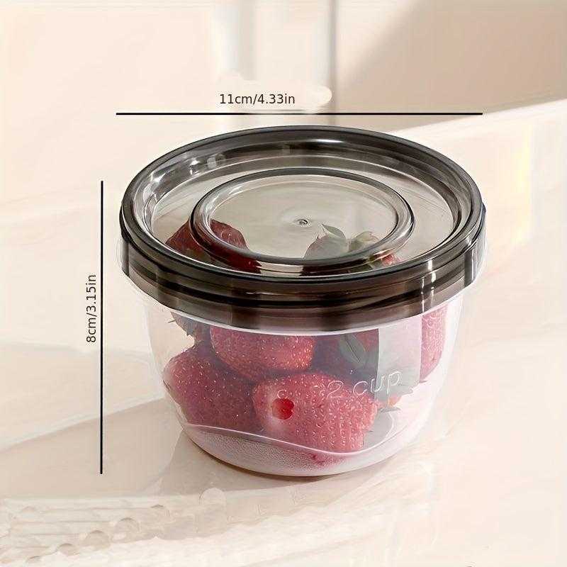 Two pieces of transparent food storage containers with blue lids - microwave safe and freshness preserving round boxes for storing grains, nuts, fruits, and more - perfect for use in home kitchens.