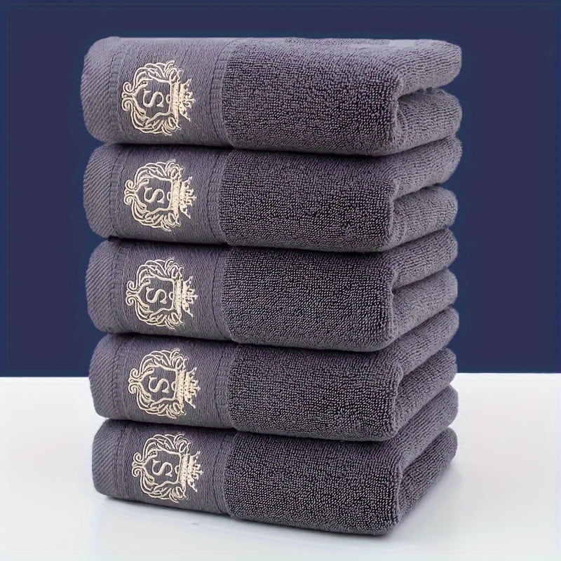 Contemporary monogrammed hand towels with embroidered character design, 5-pack. Quick-dry and absorbent, 390 GSM luxury towels for bathroom.