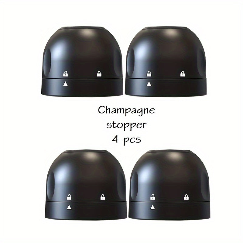 4 reusable, leakproof wine and champagne bottle stoppers in black for bars, restaurants, and hotels.