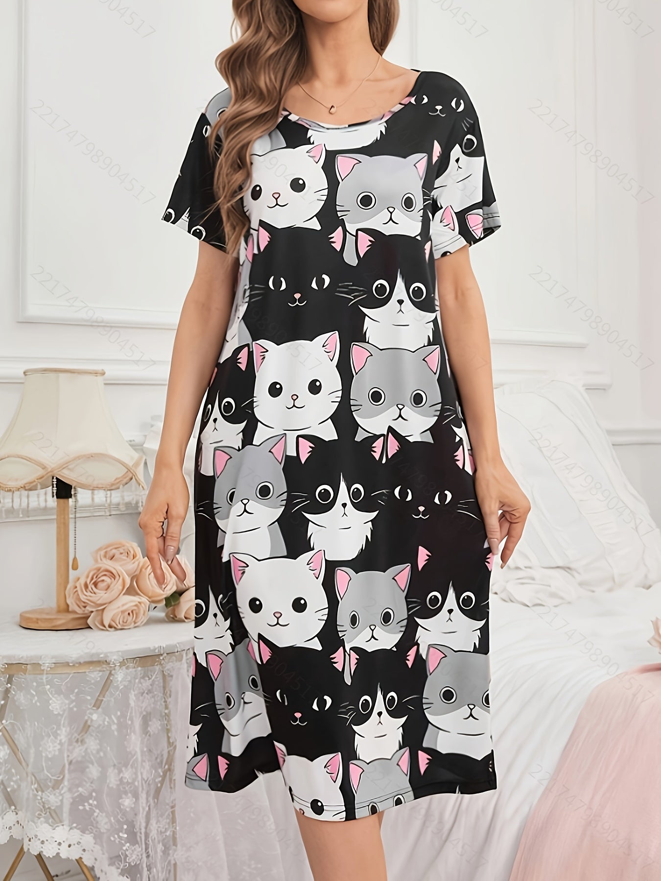 Women's knee-length sleep dress with cute cat print, made of soft polyester and elastane blend. Machine washable and perfect for all seasons.