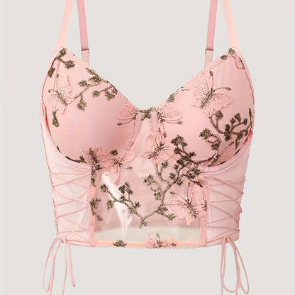 Sheer mesh embroidered butterfly bra top with steel ring detail.