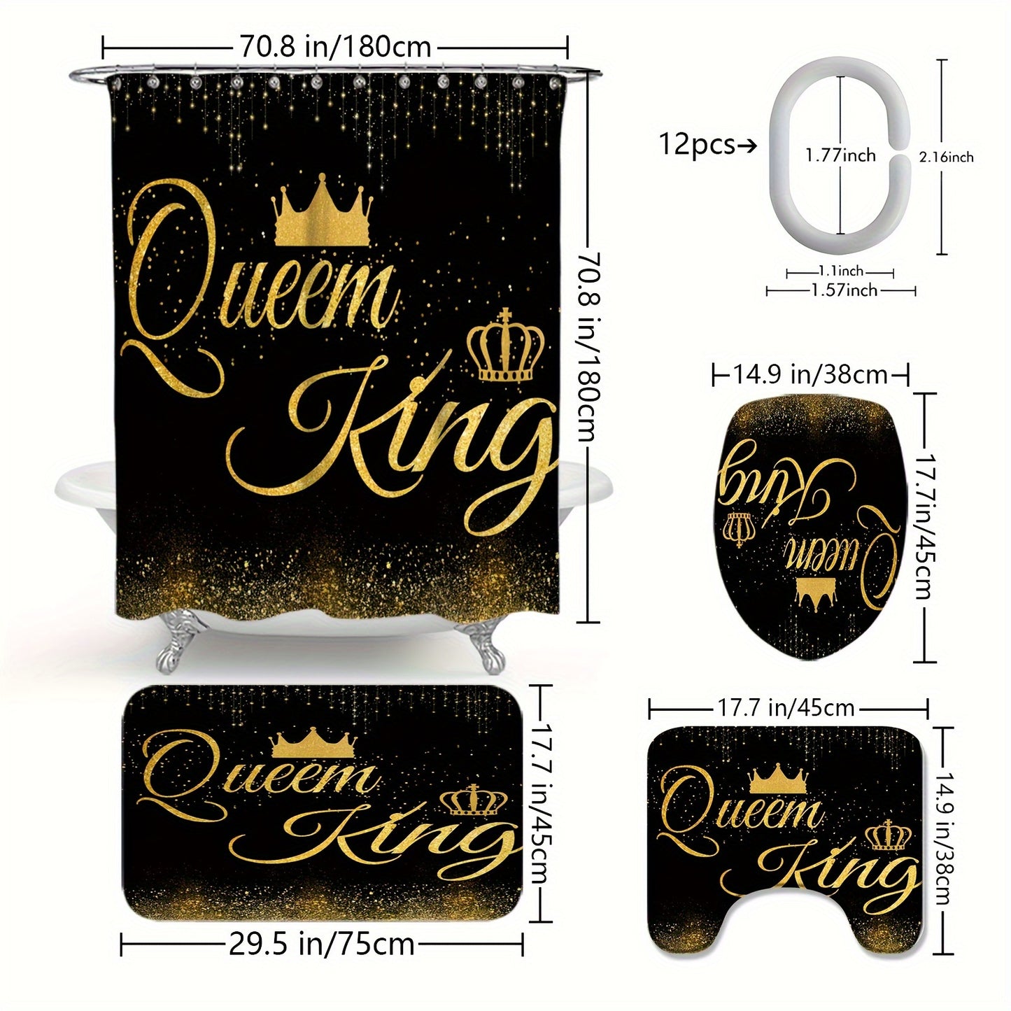 Royal shower curtain set with hooks, bathroom rugs, and crown motif design. Water-resistant polyester, machine washable. Includes non-slip U-shaped mat and toilet lid cover.