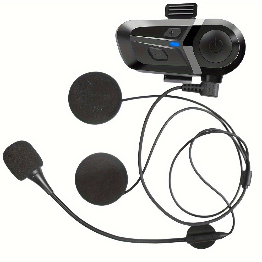 Wireless motorcycle helmet headset with music player, call control, and rechargeable Type-C. Non-waterproof plastic construction with data cable in OPP bag. Features versatile microphone