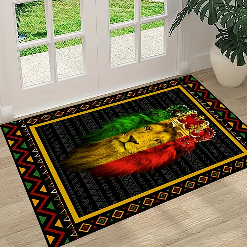 Soft, non-slip, and washable polyester mat with a modern African design featuring a vibrant 3D Lion King print. Perfect for adding a touch of personality to your living room, bedroom, kitchen, or home office decor.  Suitable for use as a rug in your