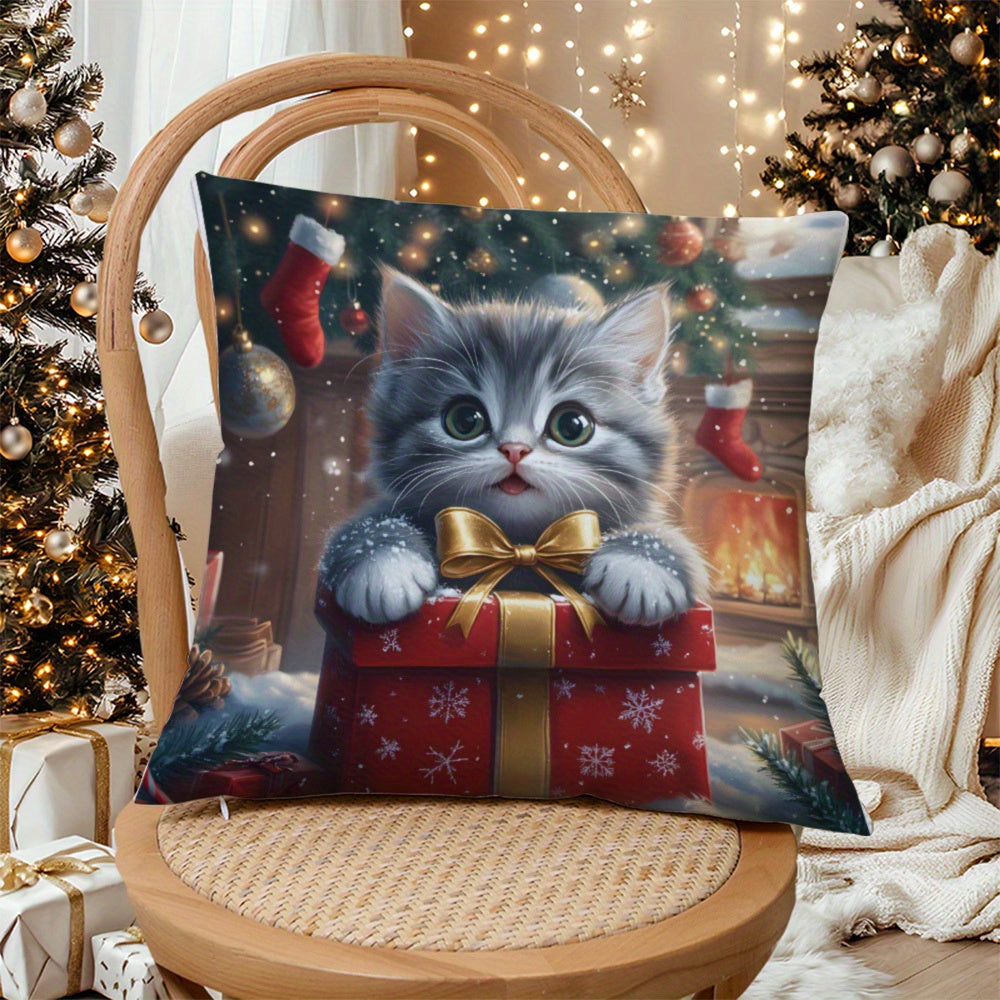 Festive Christmas Kitten Throw Pillow Cover - Short Plush Polyester - Contemporary Style - Machine Washable - Zippered - Soft Decorative Cushion Case for Sofa, Bed, Car, and Living Room - Pillow Insert Sold Separately