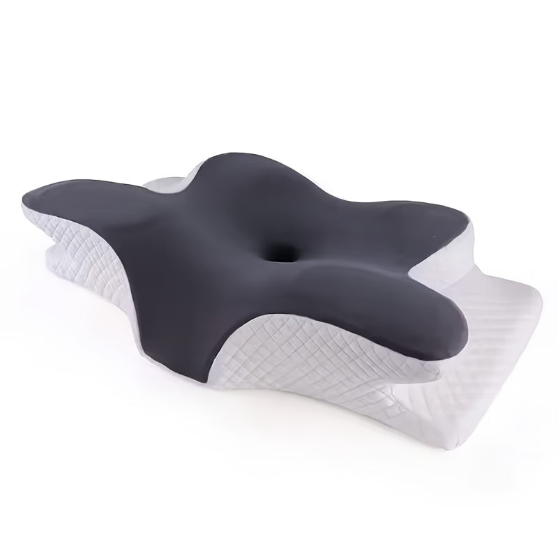 Memory foam Butterfly pillow providing ergonomic cervical spine support for back and side sleepers, with slow rebound and machine washable pillowcase.